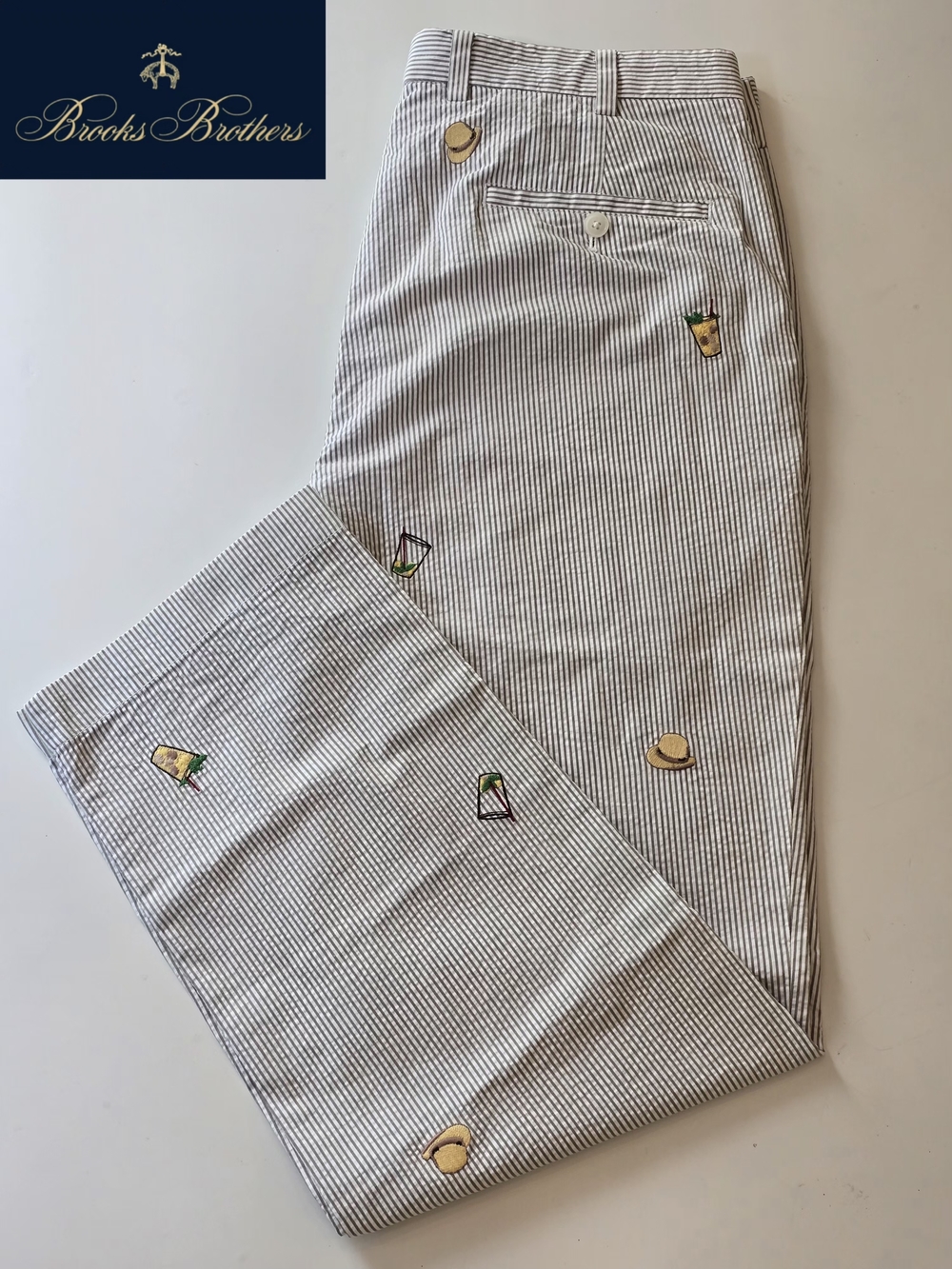 Brooks Brothers KY Derby Mens 35W×30L Tan Seersucker Stripe Chinos w/ Embroidery